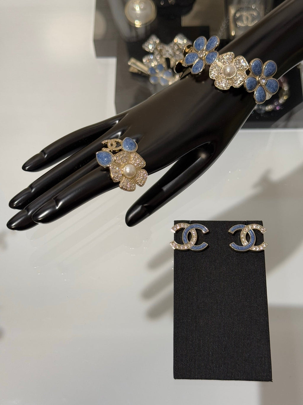 Chanel 2026 Light Gold Denim Patchwork Crystal Double C Stud Earrings