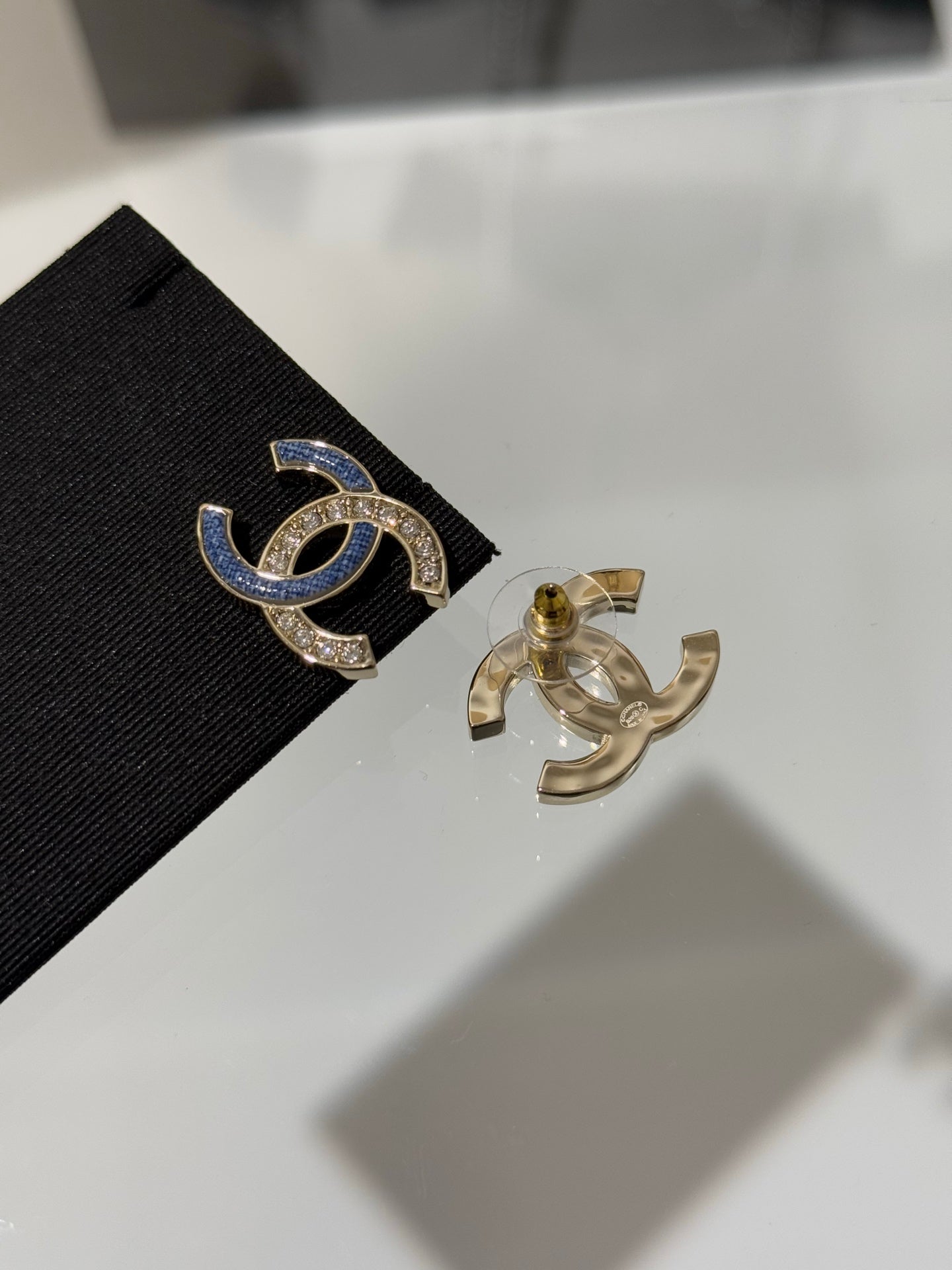 Chanel 2026 Light Gold Denim Patchwork Crystal Double C Stud Earrings
