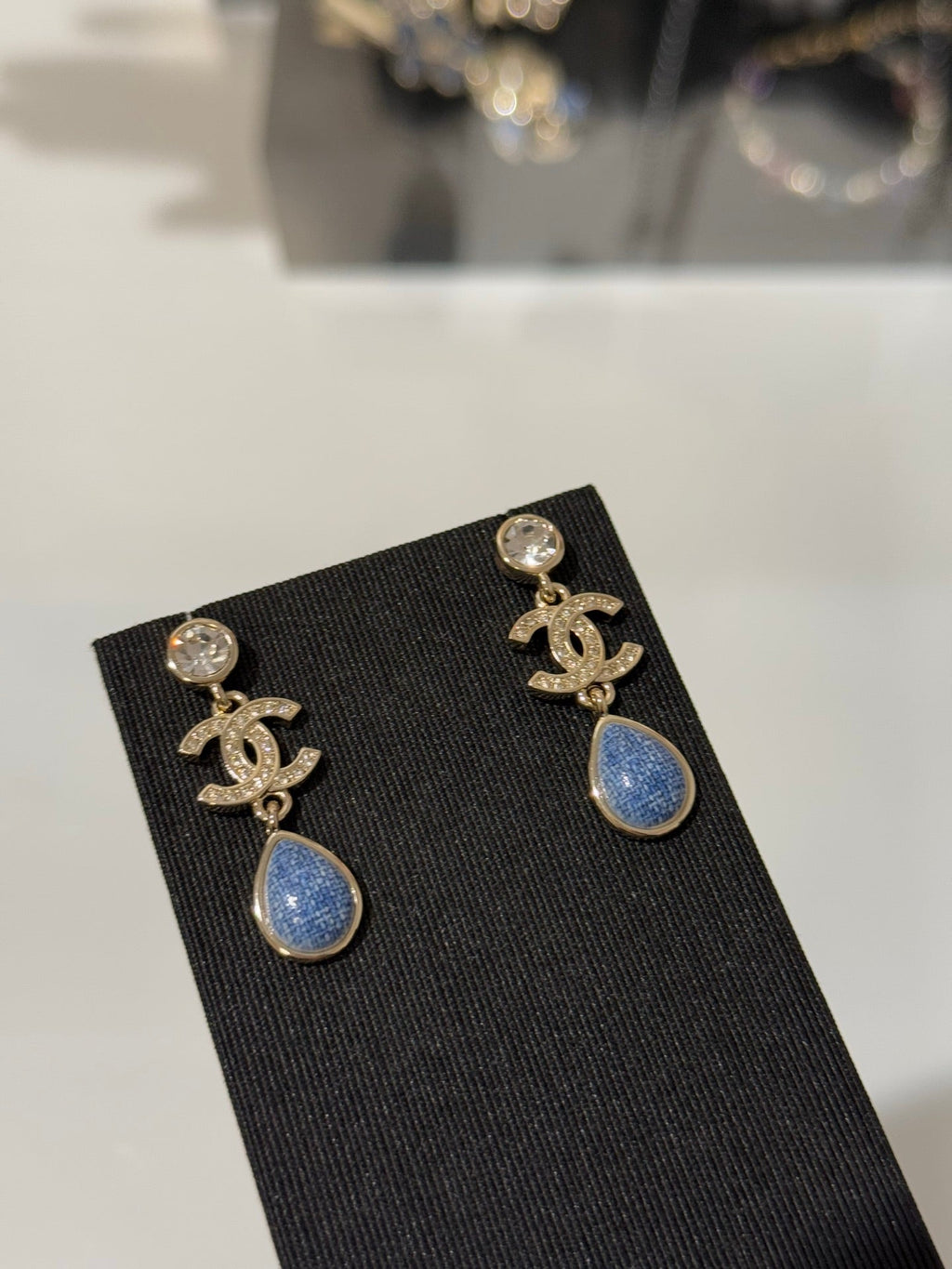 Chanel 2026 Light Gold Round Diamond Double C Teardrop Pendant Denim Earrings