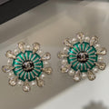 Chanel 2026 Green Enamel Openwork Pearl Teardrop Crystal Silver Snowflake Earrings