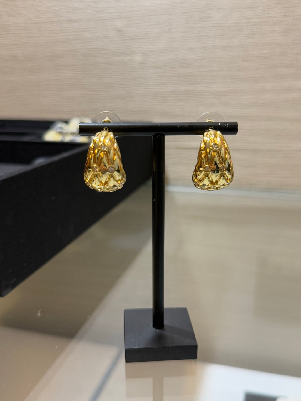 Chanel 2026 Gold Quilted Crystal Diamond Half-Hoop Earrings