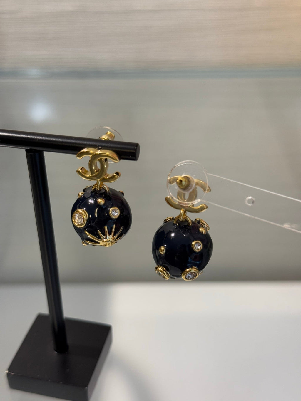 Chanel 2026 Deep Blue Enamel Sphere Rhinestone Star Double C Universe Planet Earrings
