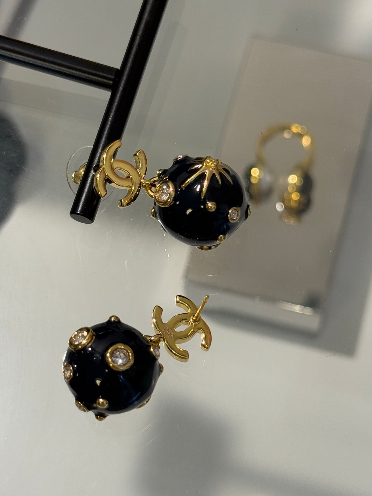Chanel 2026 Deep Blue Enamel Sphere Rhinestone Star Double C Universe Planet Earrings