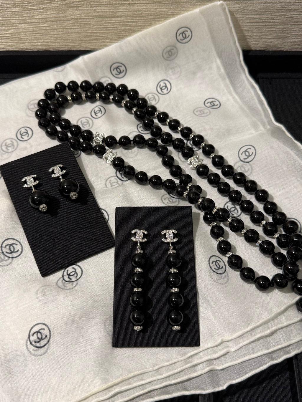 Chanel 2026 Silver Full Diamond Double C Black Bead Long Earrings