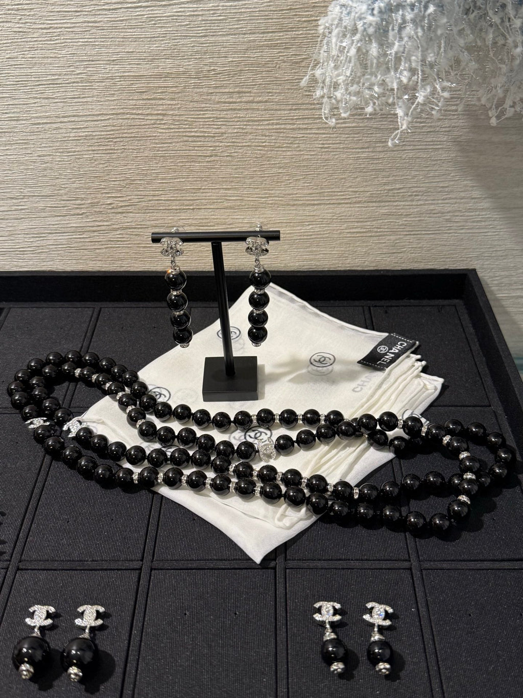 Chanel 2026 Silver Full Diamond Double C Black Bead Long Earrings