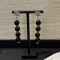Chanel 2026 Silver Full Diamond Double C Black Bead Long Earrings