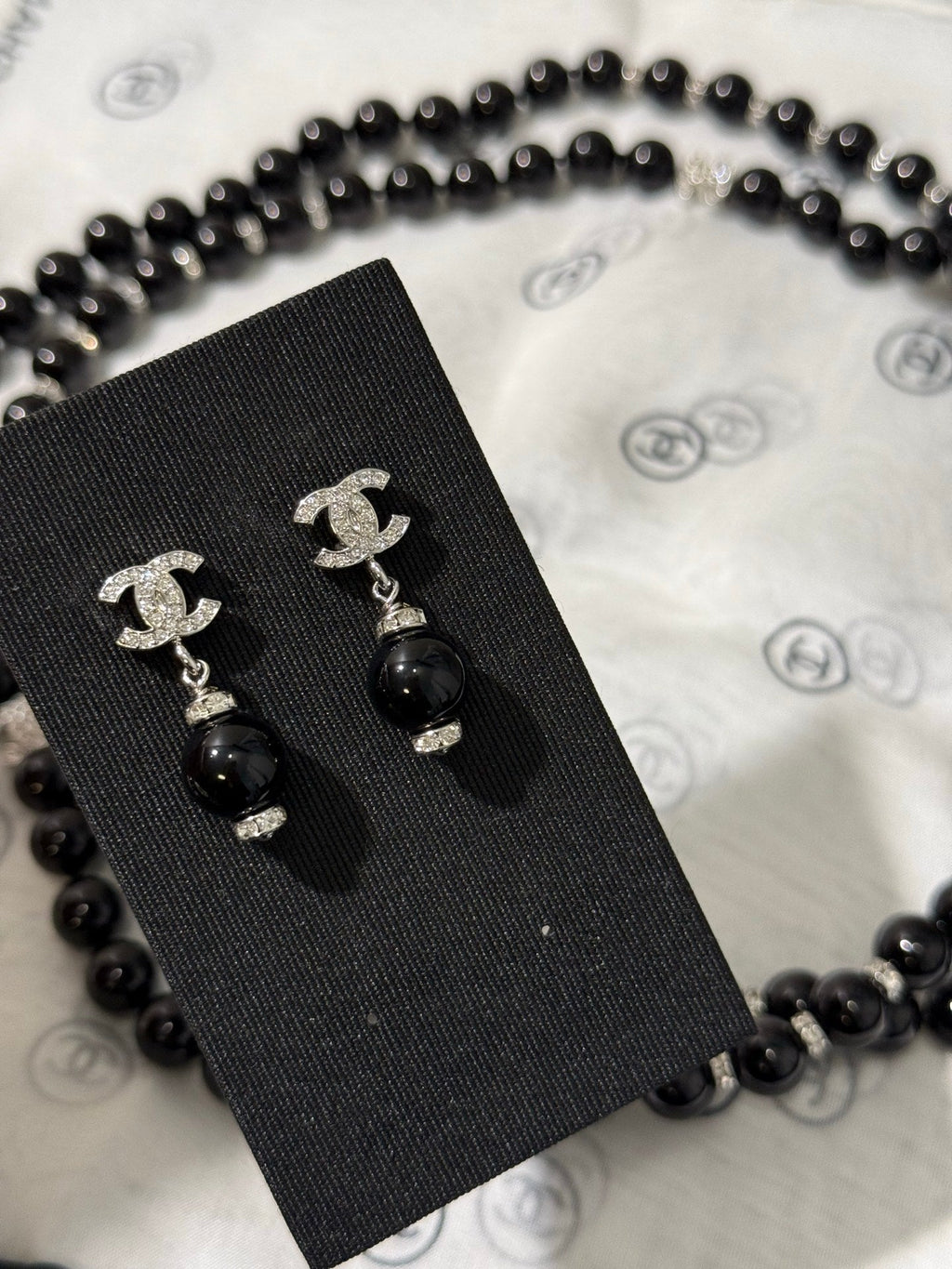 Chanel 2026 Silver Full Diamond Double C Black Bead Earrings