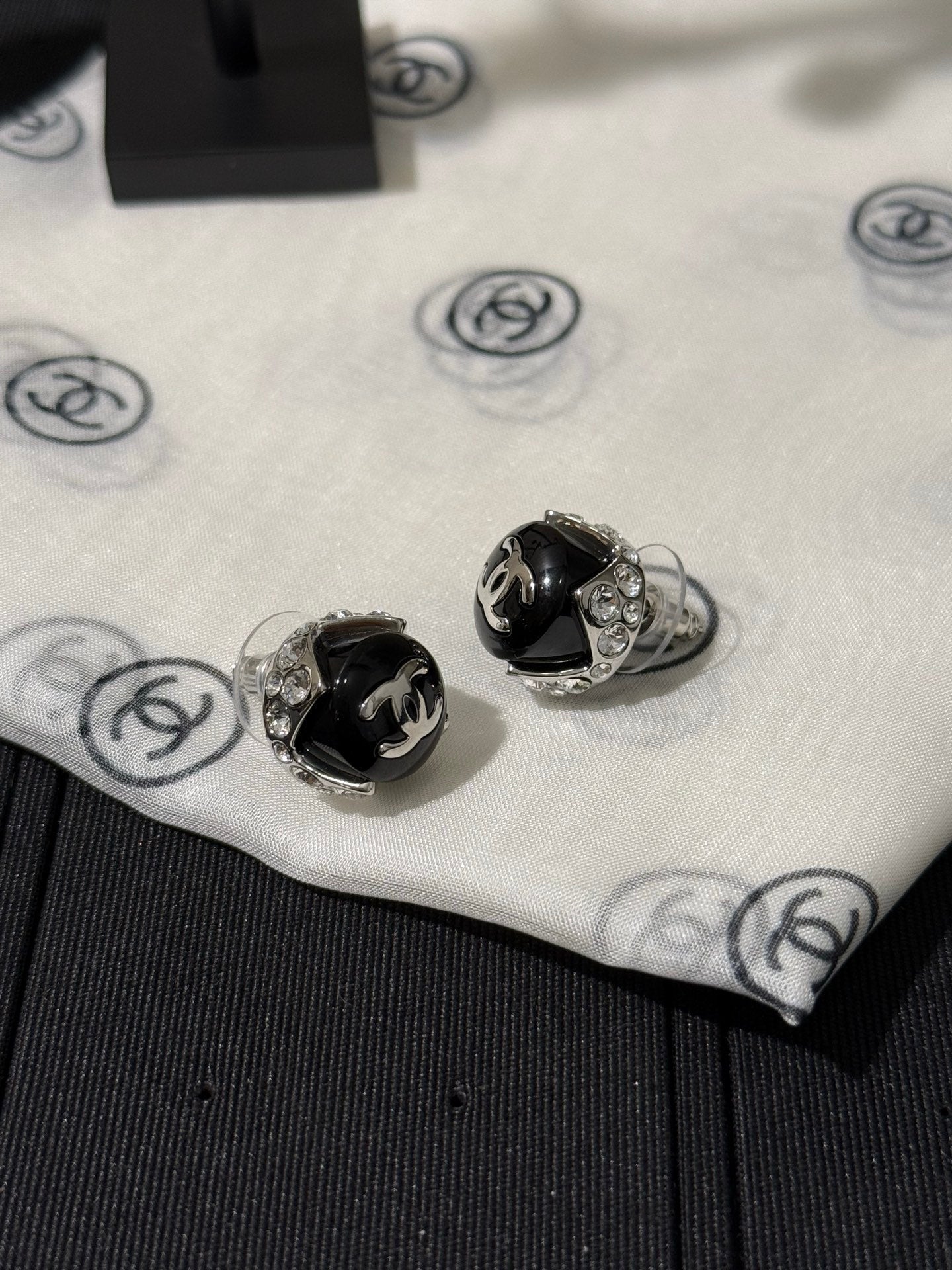 Chanel 2026 Black Enamel Bead Silver Double C Rhinestone Stud Earrings