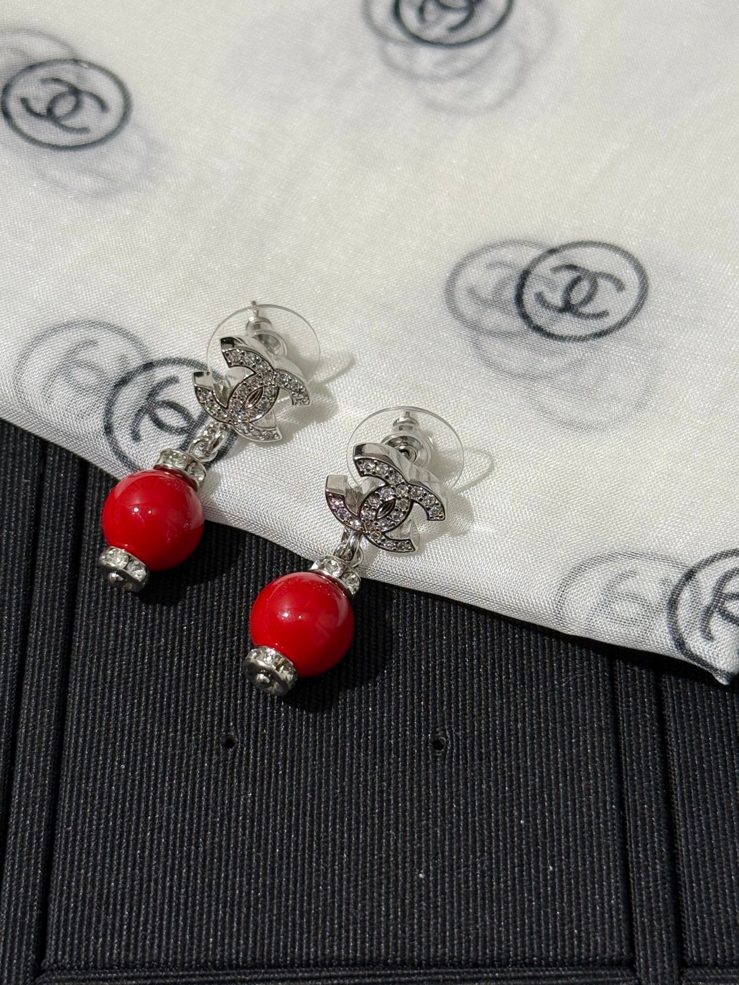 Chanel 2026 Silver Full Diamond Double C Red Bead Earrings