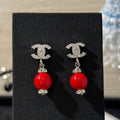 Chanel 2026 Silver Full Diamond Double C Red Bead Earrings