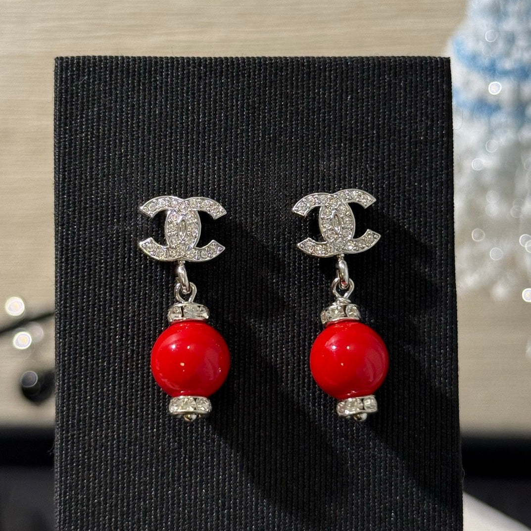Chanel 2026 Silver Full Diamond Double C Red Bead Earrings
