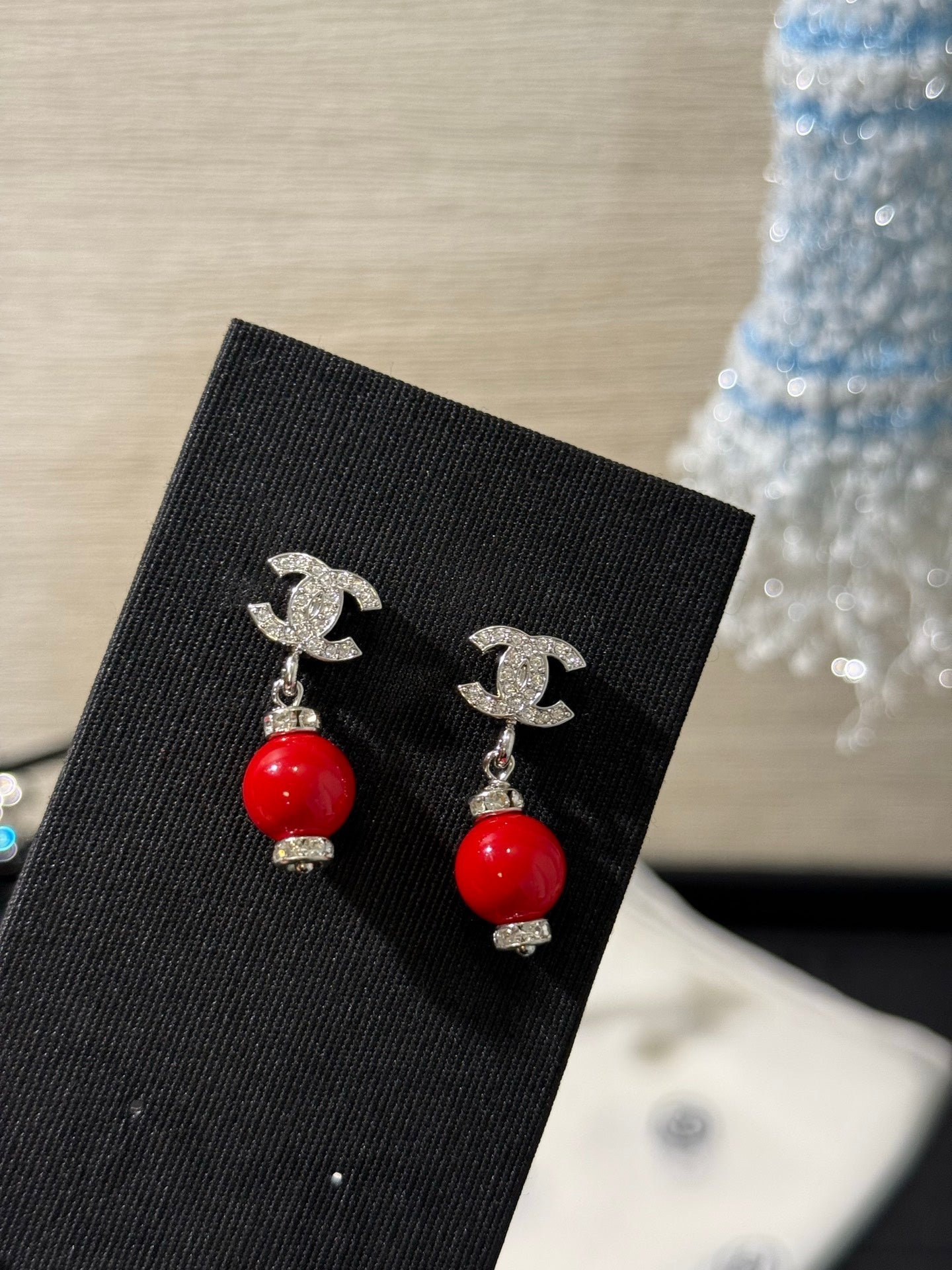 Chanel 2026 Silver Full Diamond Double C Red Bead Earrings