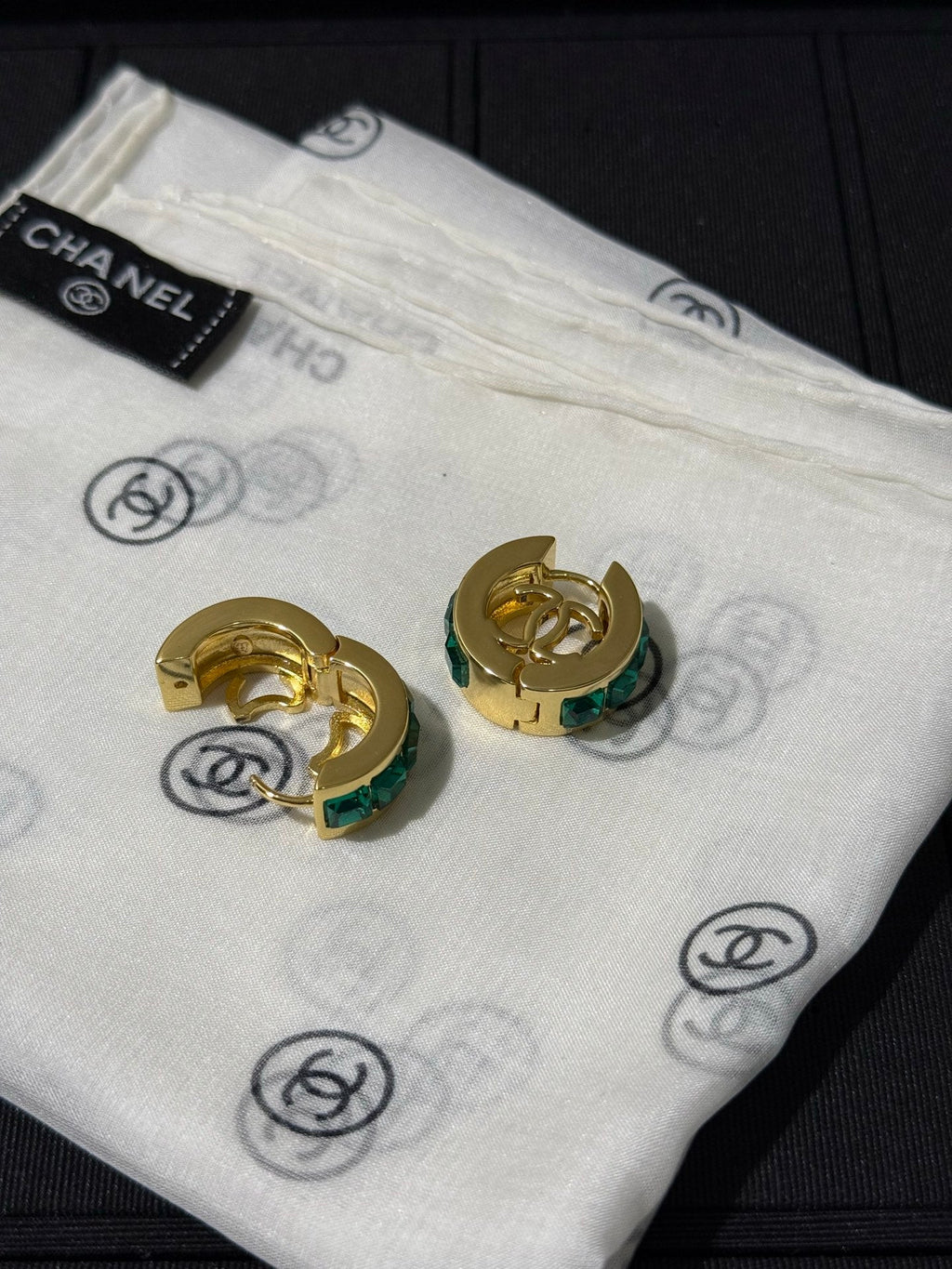 Chanel 2026 Emerald Square Diamond Gold Double C Hoop Earrings Stud Earrings