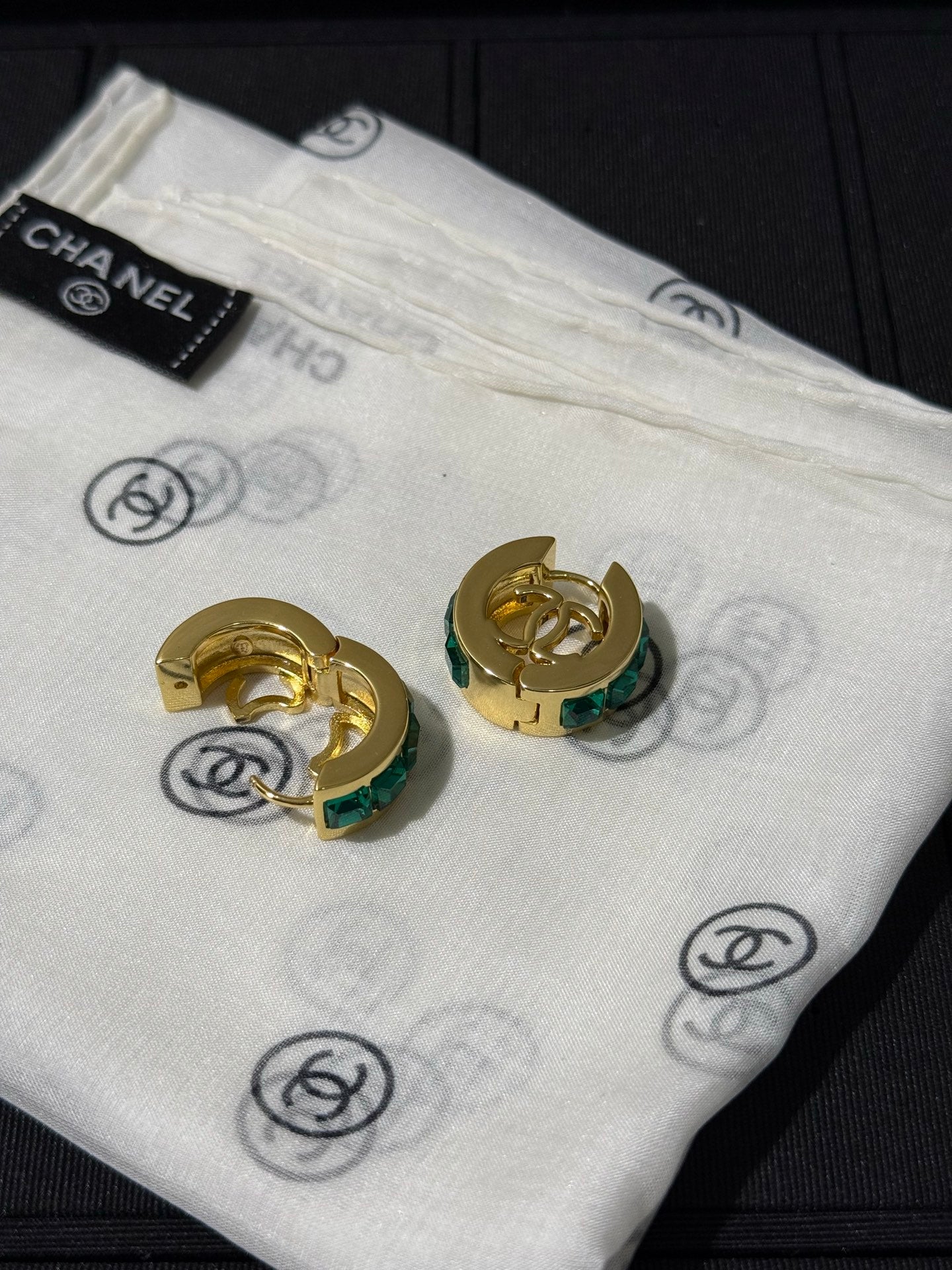 Chanel 2026 Emerald Square Diamond Gold Double C Hoop Earrings Stud Earrings