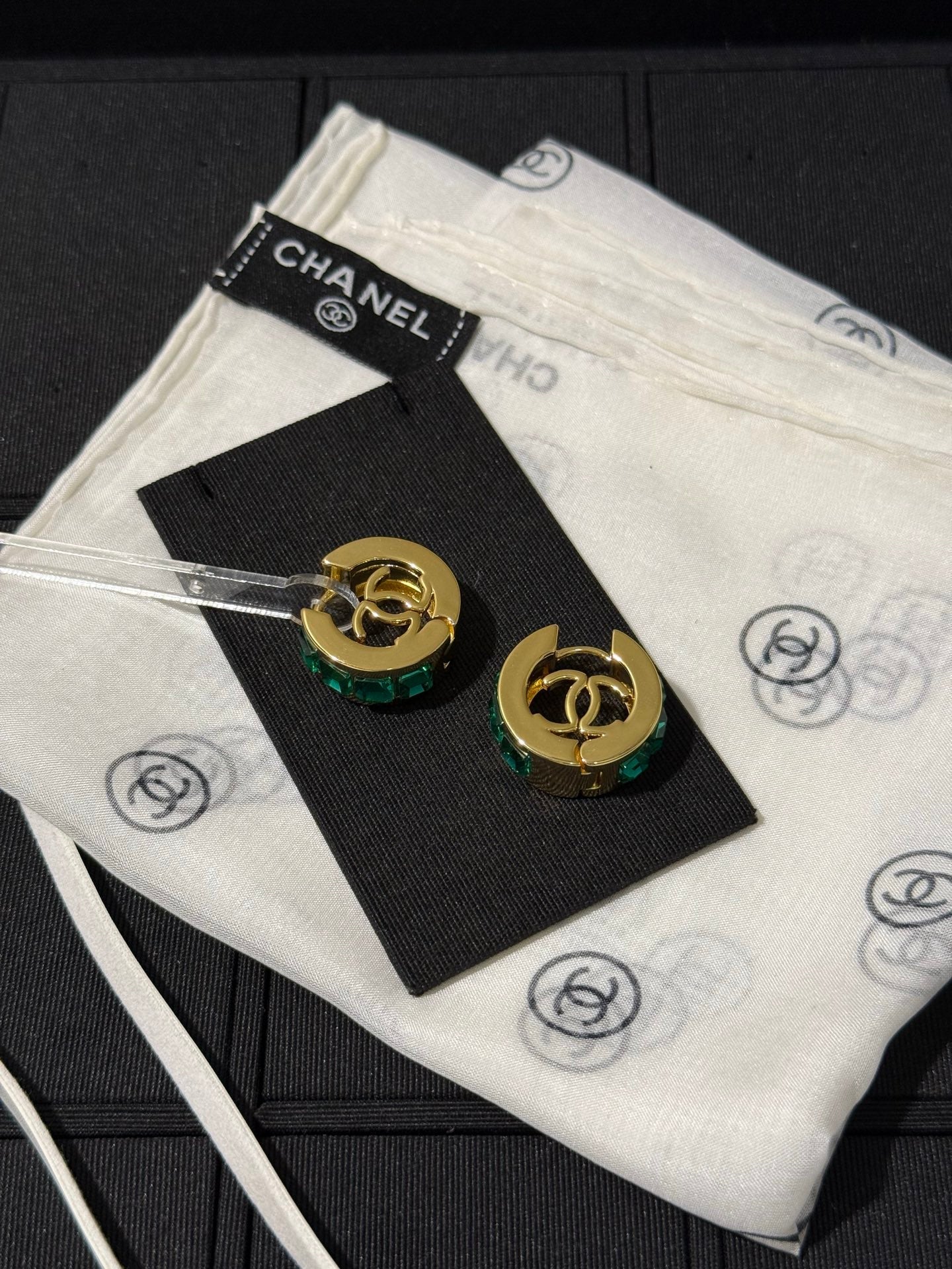 Chanel 2026 Emerald Square Diamond Gold Double C Hoop Earrings Stud Earrings
