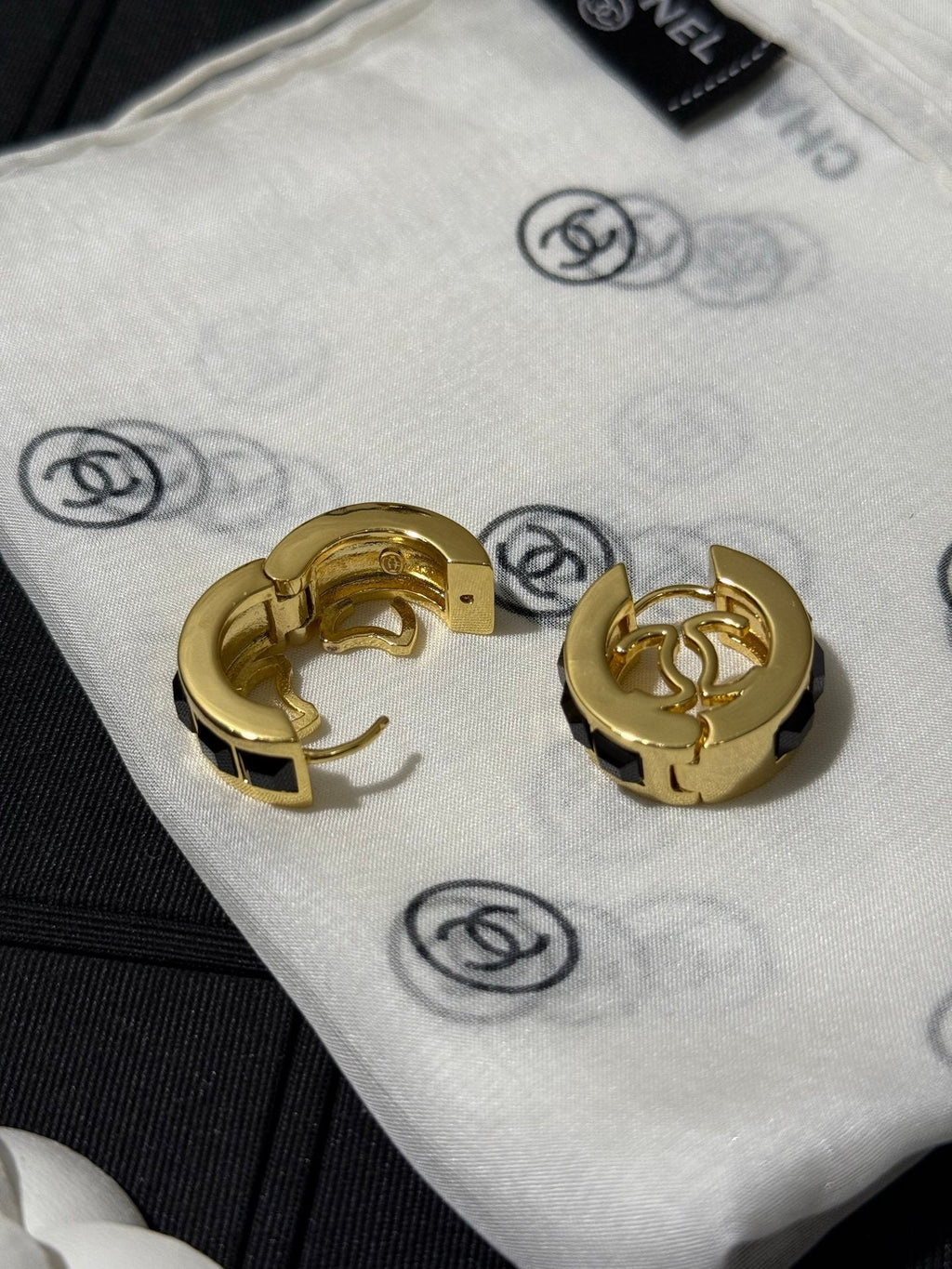 Chanel 2026 Black Square Diamond Gold Double C Hoop Earrings Stud Earrings