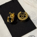 Chanel 2026 Black Square Diamond Gold Double C Hoop Earrings Stud Earrings