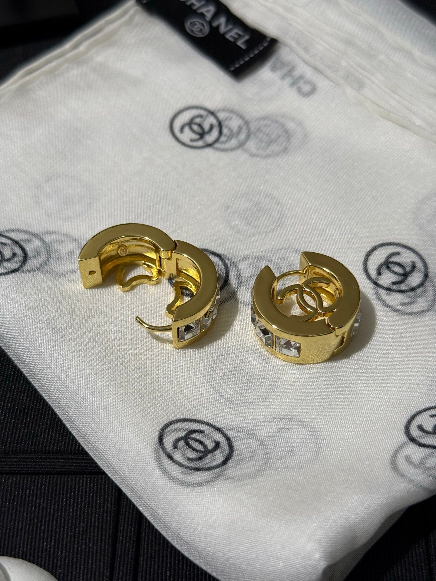 Chanel 2026 White Square Diamond Gold Double C Hoop Earrings Stud Earrings