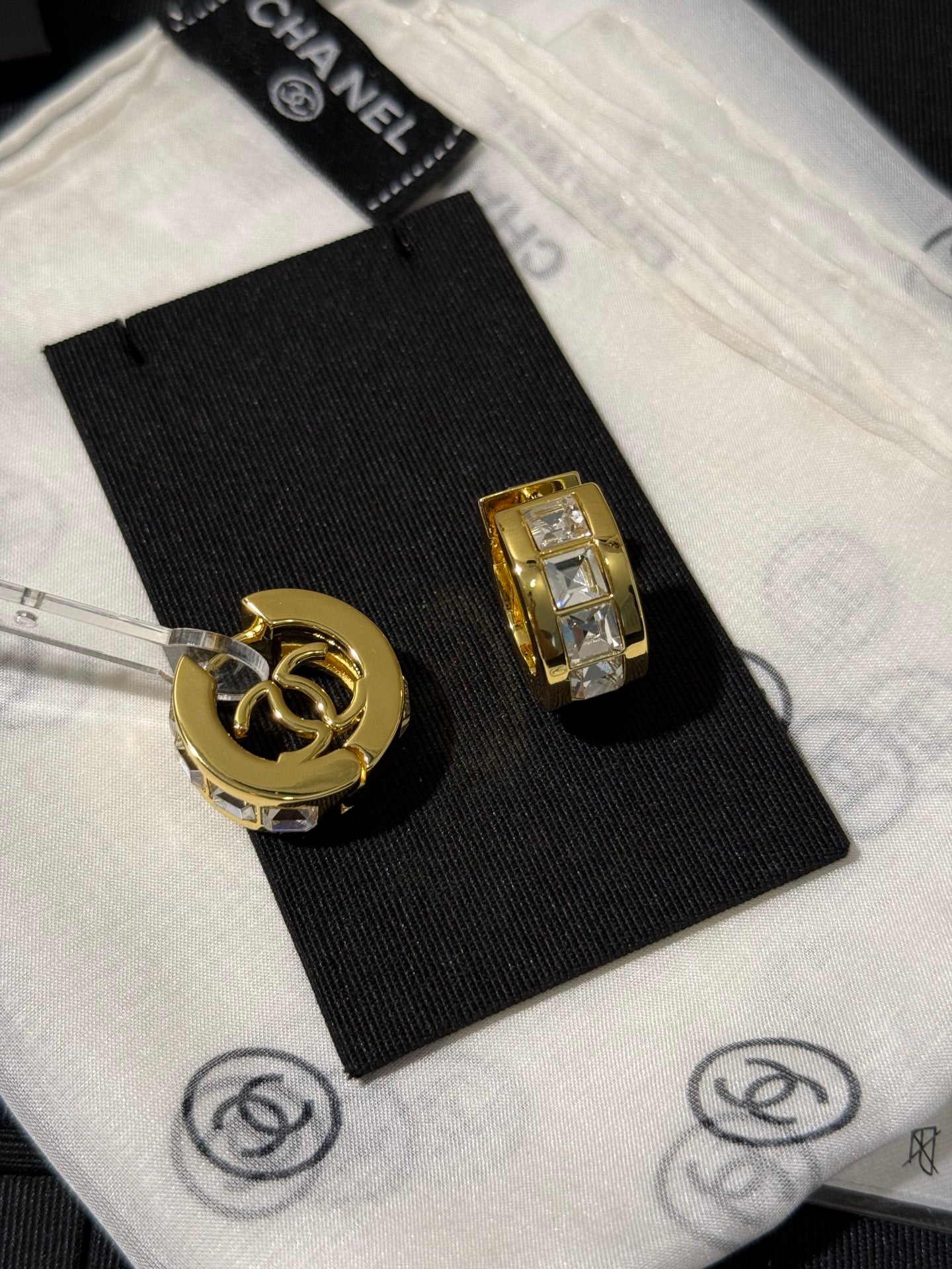 Chanel 2026 White Square Diamond Gold Double C Hoop Earrings Stud Earrings
