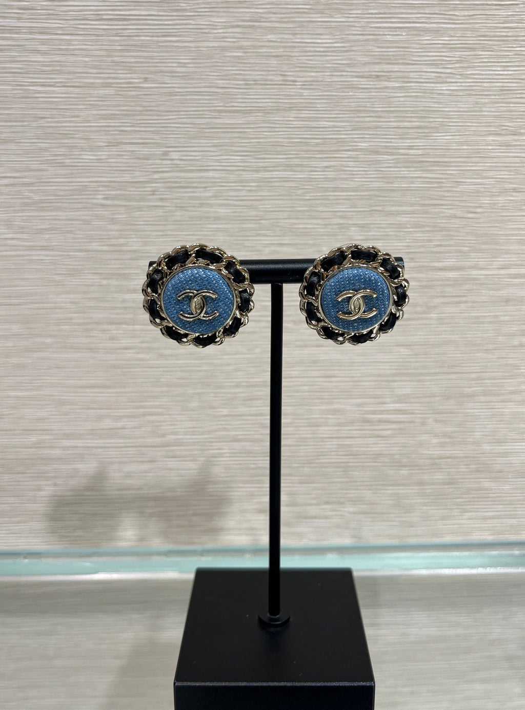 Chanel Gold Double C Leather-Threaded Chain Denim Round Stud Earrings