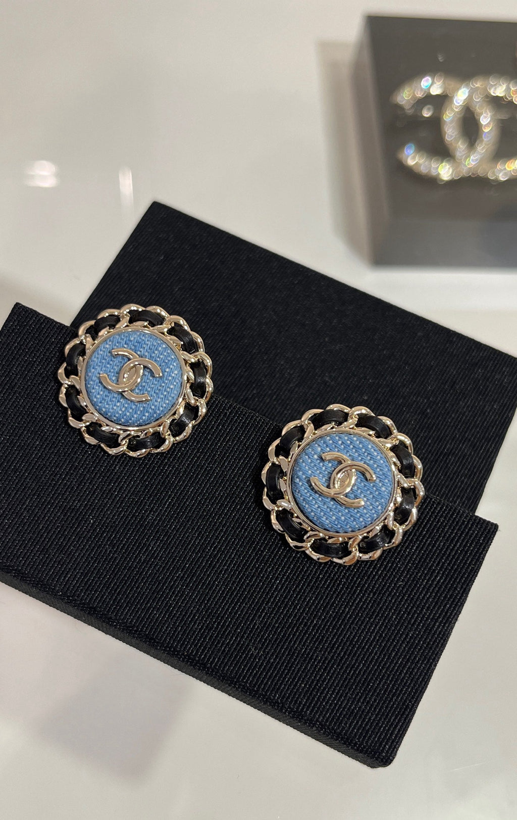 Chanel Gold Double C Leather-Threaded Chain Denim Round Stud Earrings