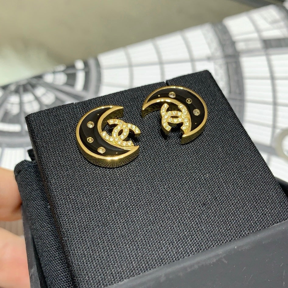 Chanel Black Enamel Full Diamond Double C Moon Earrings