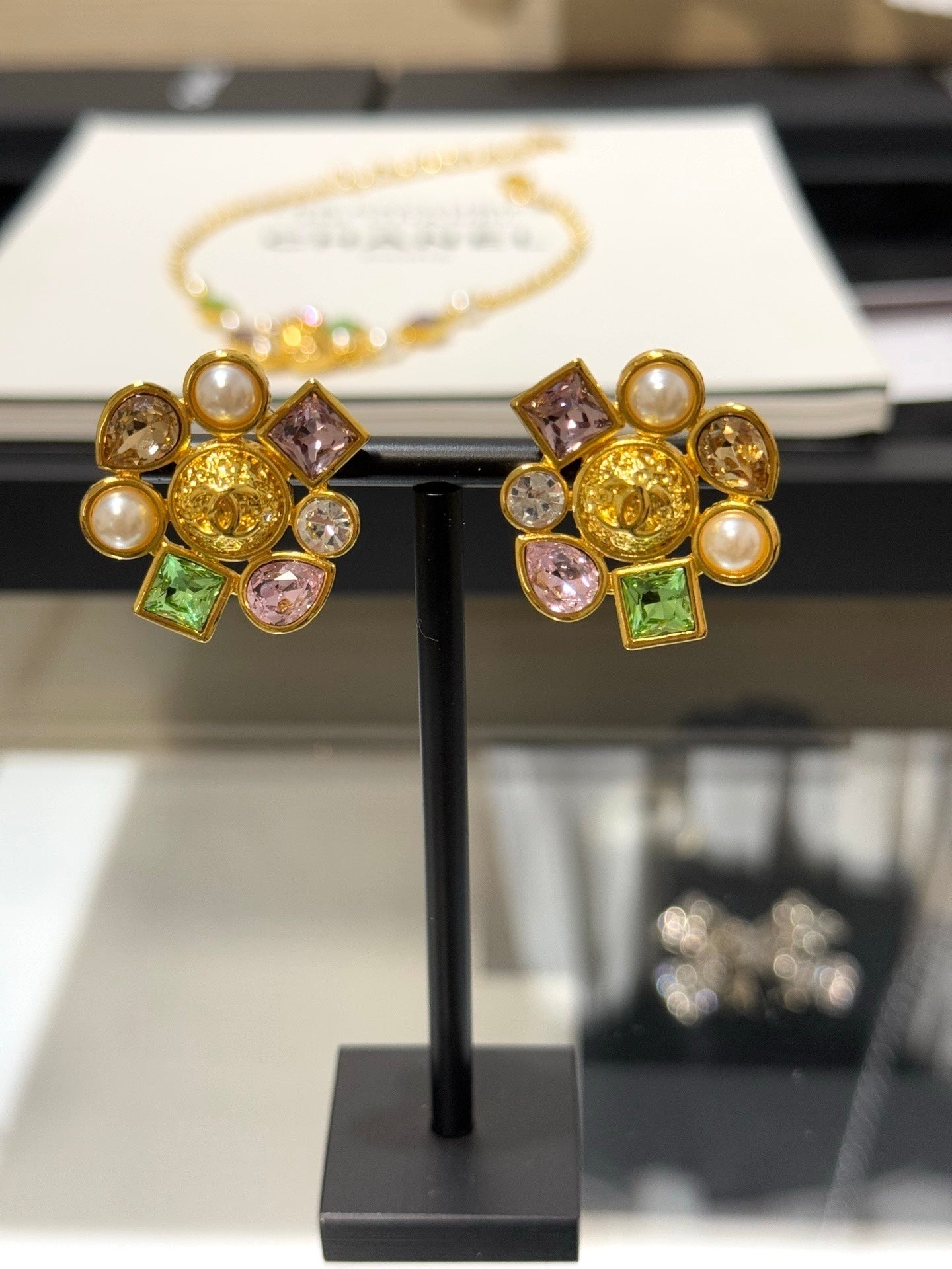 Chanel 2026 Irregular Colored Gemstone Gold Double C Glass Pearl Stud Earrings