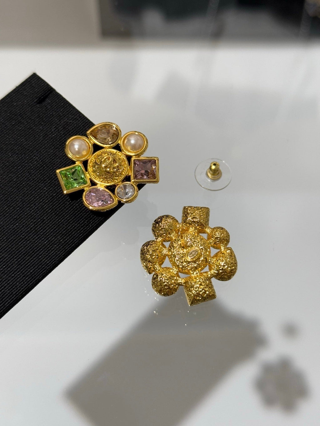 Chanel 2026 Irregular Colored Gemstone Gold Double C Glass Pearl Stud Earrings