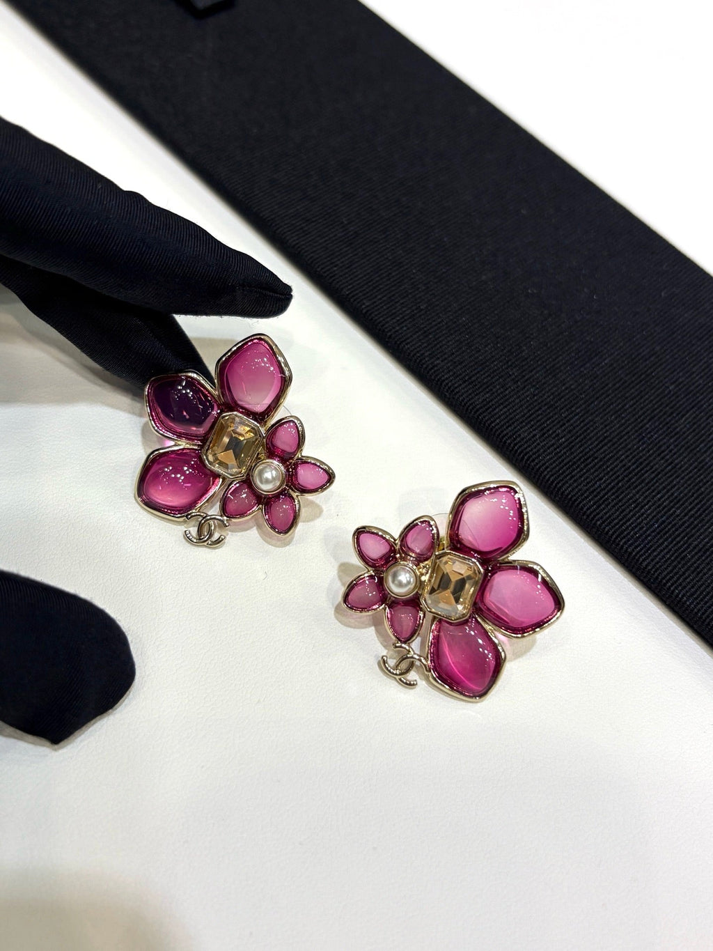 Chanel 2026 Double C Pink Asymmetrical Flower Stud Earrings
