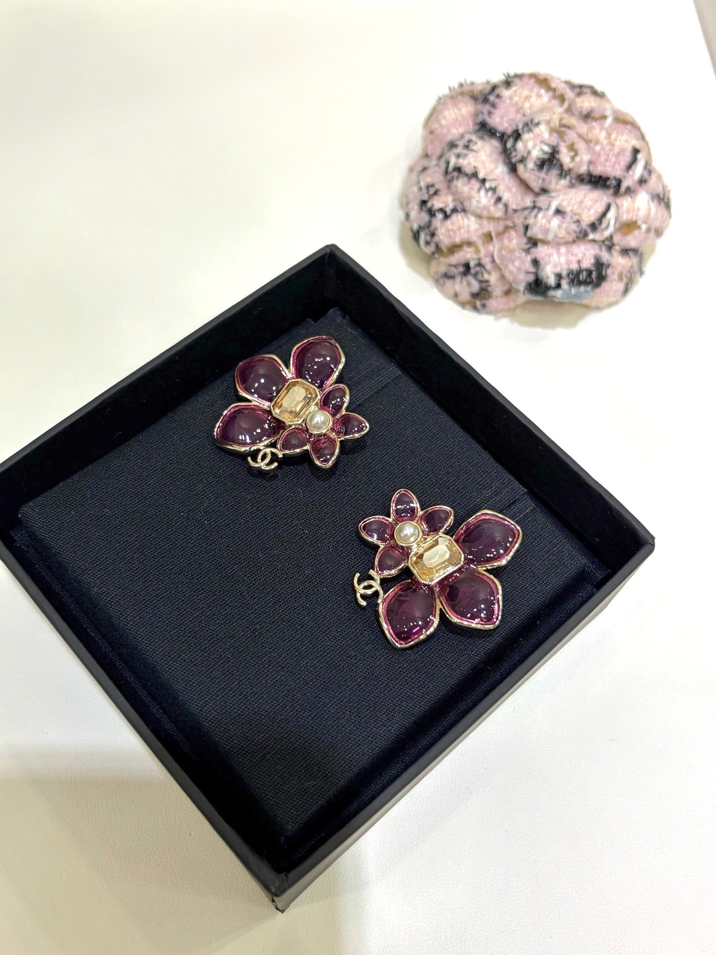 Chanel 2026 Double C Pink Asymmetrical Flower Stud Earrings