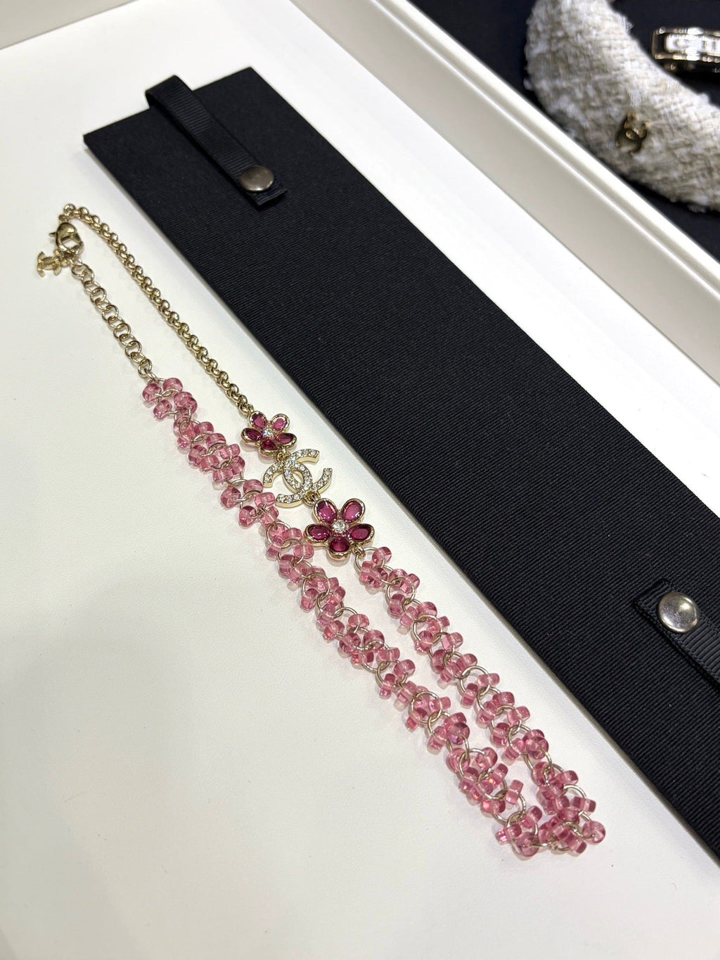 Chanel 2026 Double C Pink Acrylic Flower Beaded Necklace