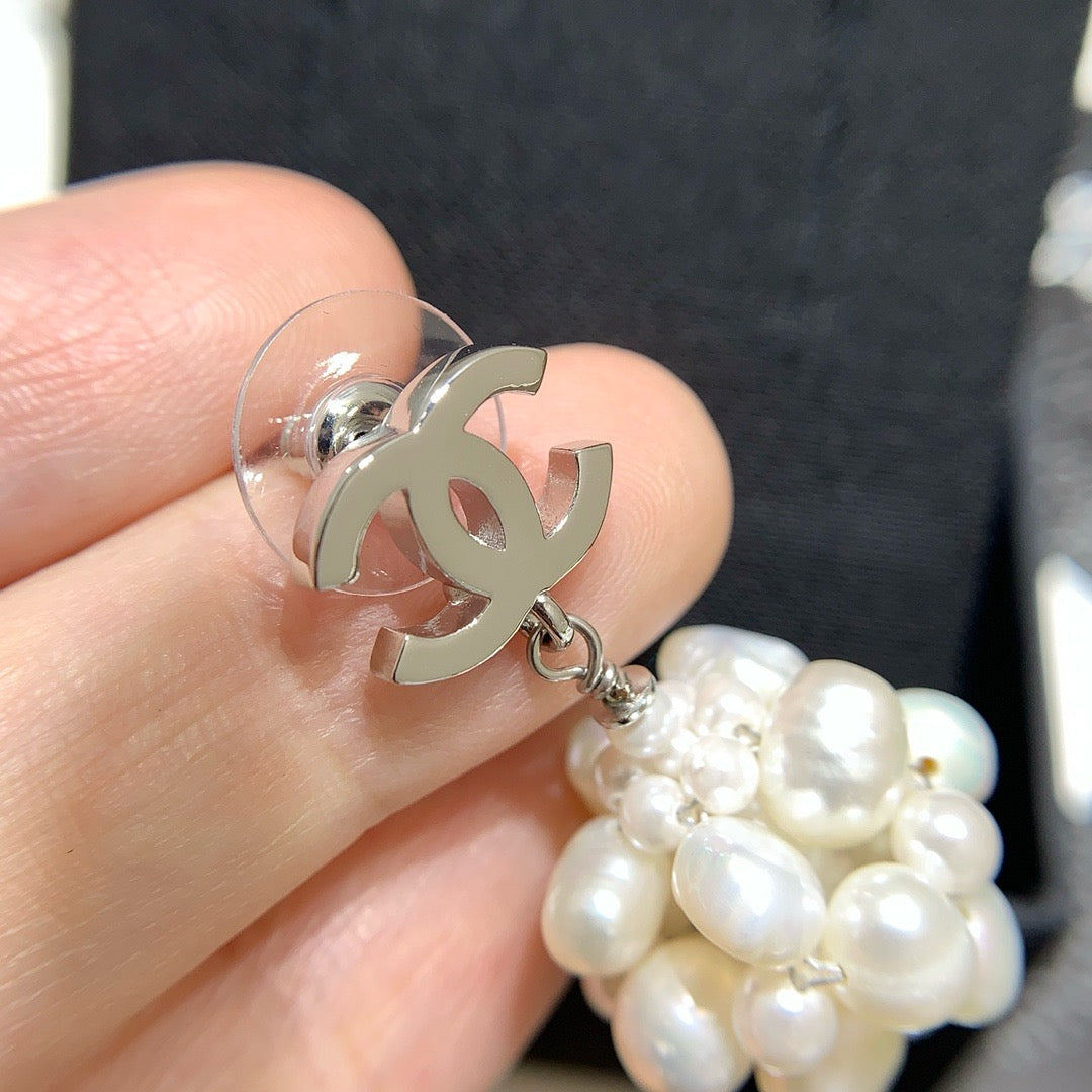 Chanel 2026 Silver Double C Pearl Flower Earrings