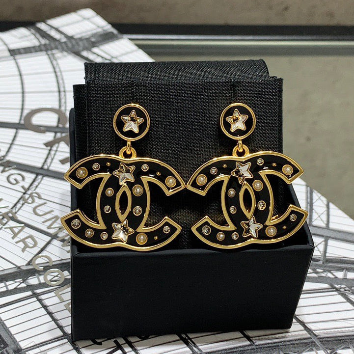 Chanel Black Enamel Five-Pointed Star Double C Stud Earrings