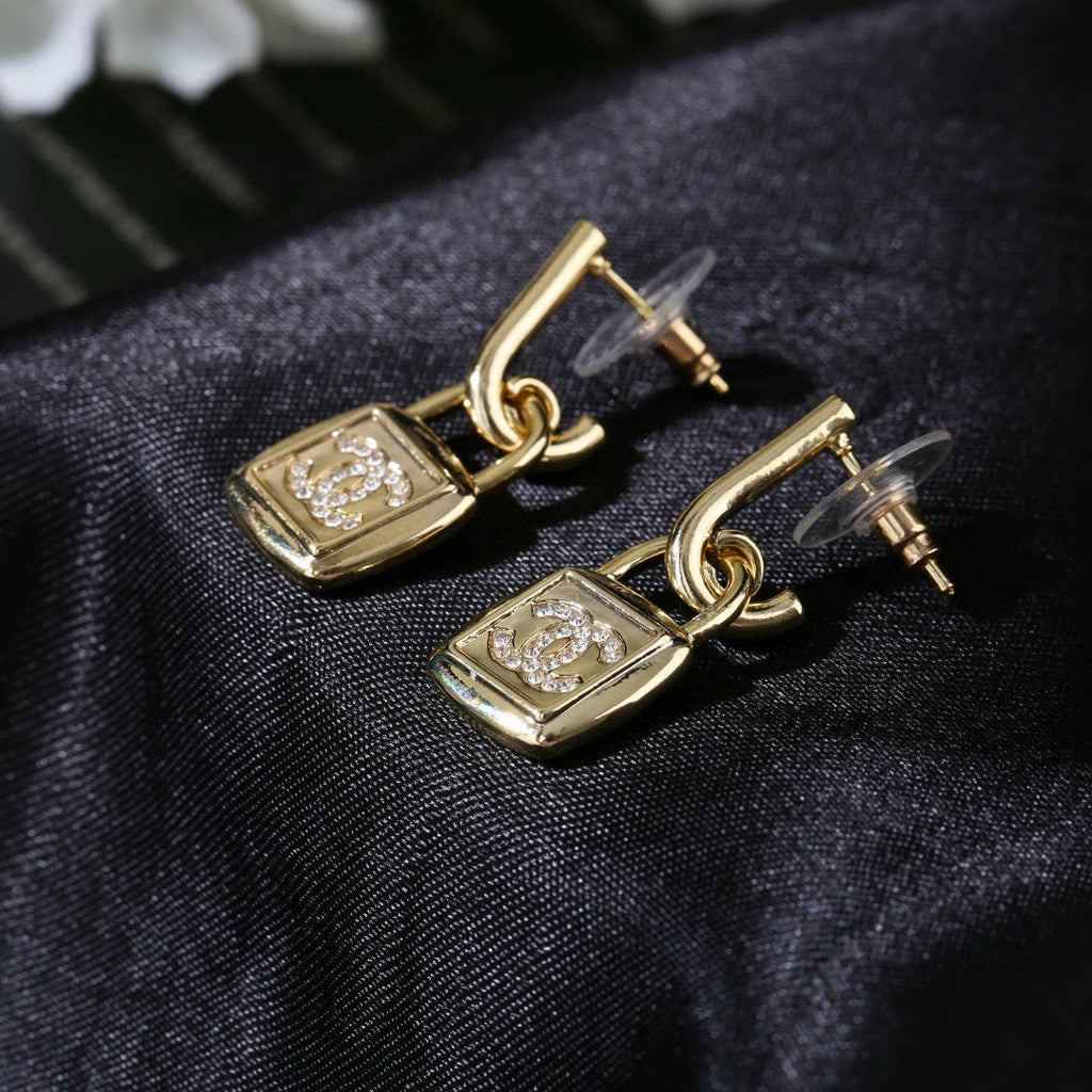 Chanel Lock Shaped Gold Diamond Earring