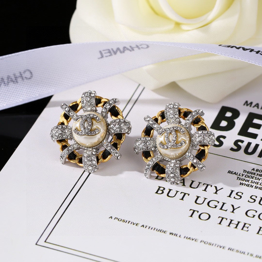 Chanel Mini Stud Sliver Gold Black Diamond Earring