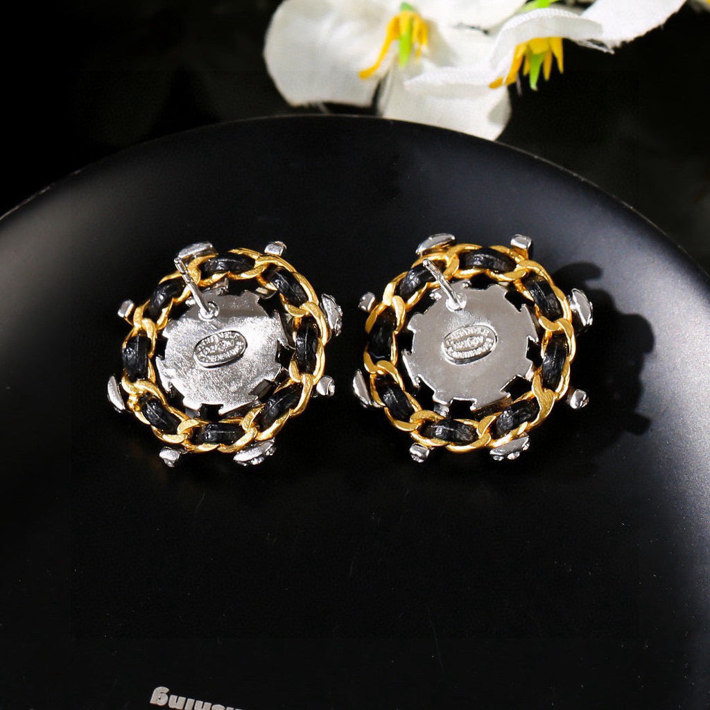 Chanel Mini Stud Sliver Gold Black Diamond Earring