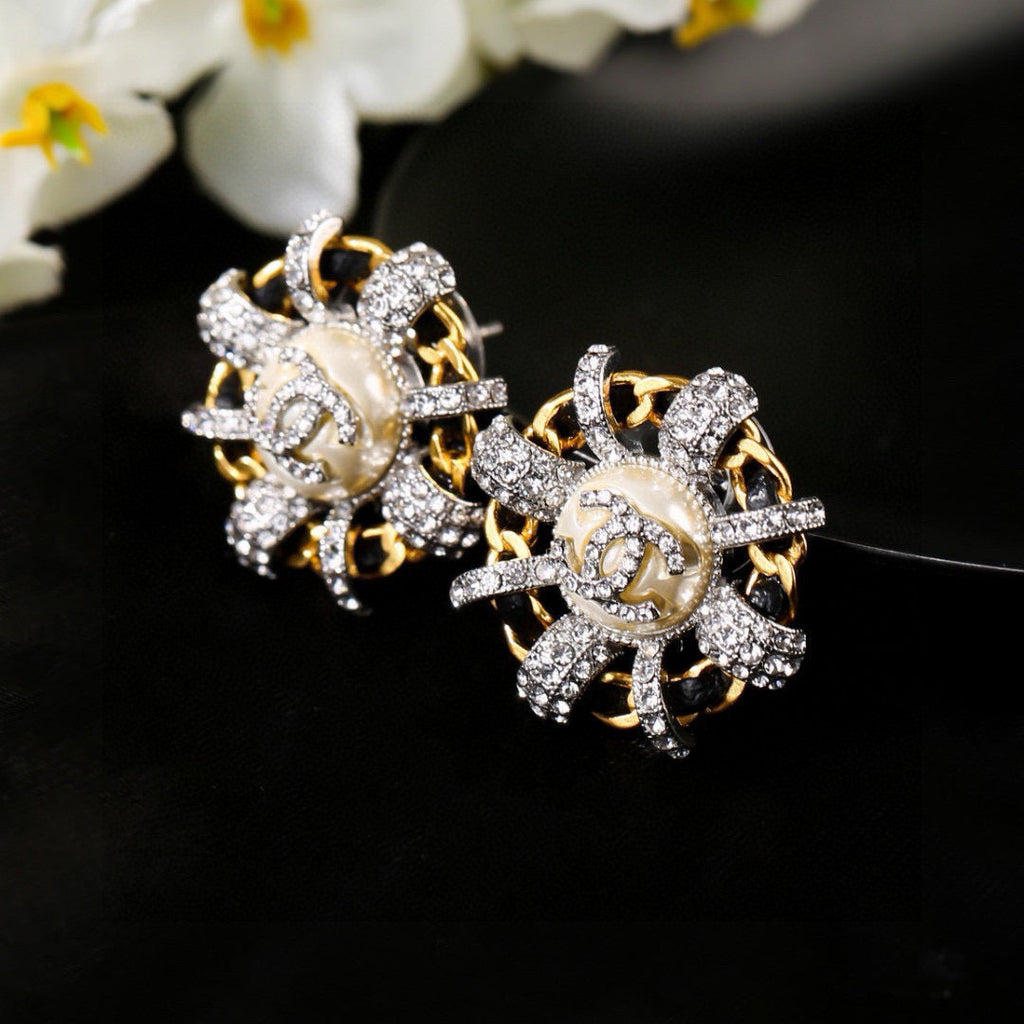 Chanel Mini Stud Sliver Gold Black Diamond Earring