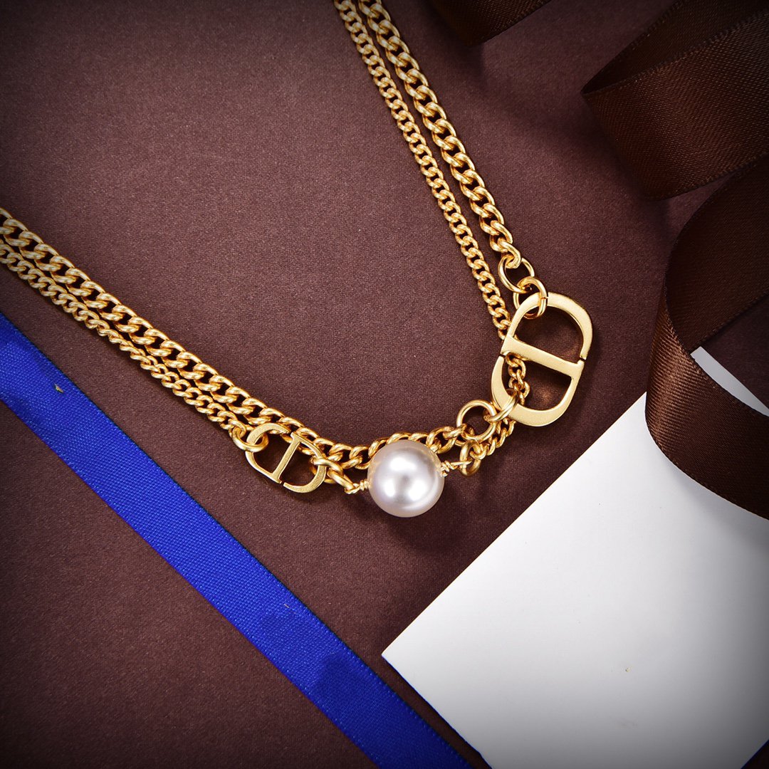 DIOR CD LOGO MOP GOLD DOUBLE CHAIN NECKLACE