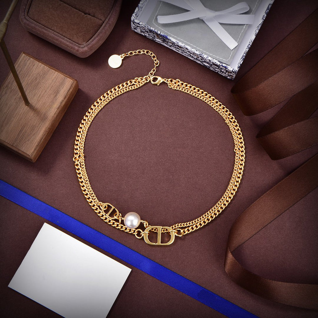 DIOR CD LOGO MOP GOLD DOUBLE CHAIN NECKLACE