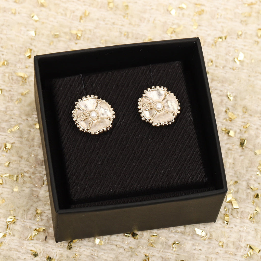 Chanel Double C Small Camellia Gold Earrings