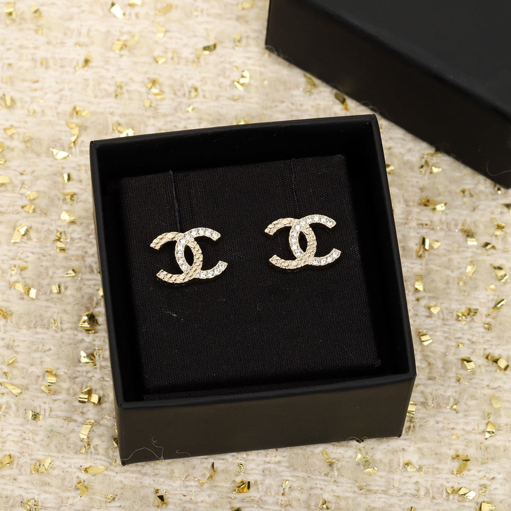 Chanel Double C Half Diamonds Gold Earrings