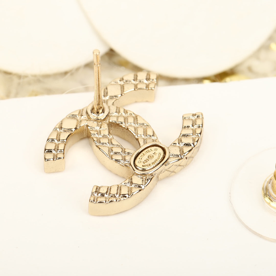 Chanel Double C Half Diamonds Gold Earrings