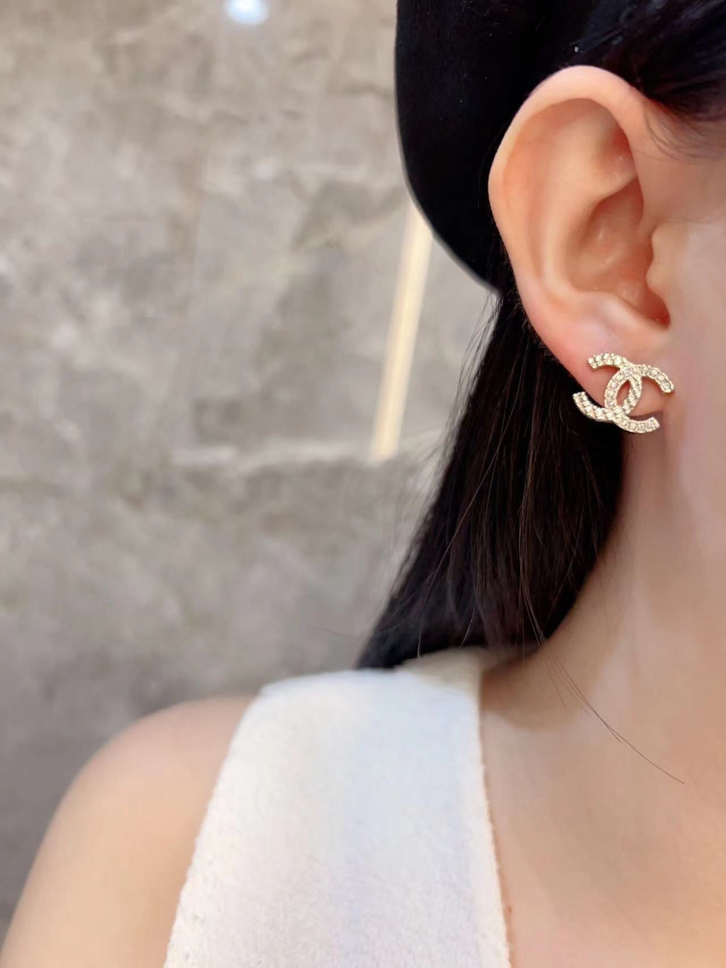 Chanel Double C Half Diamonds Gold Earrings