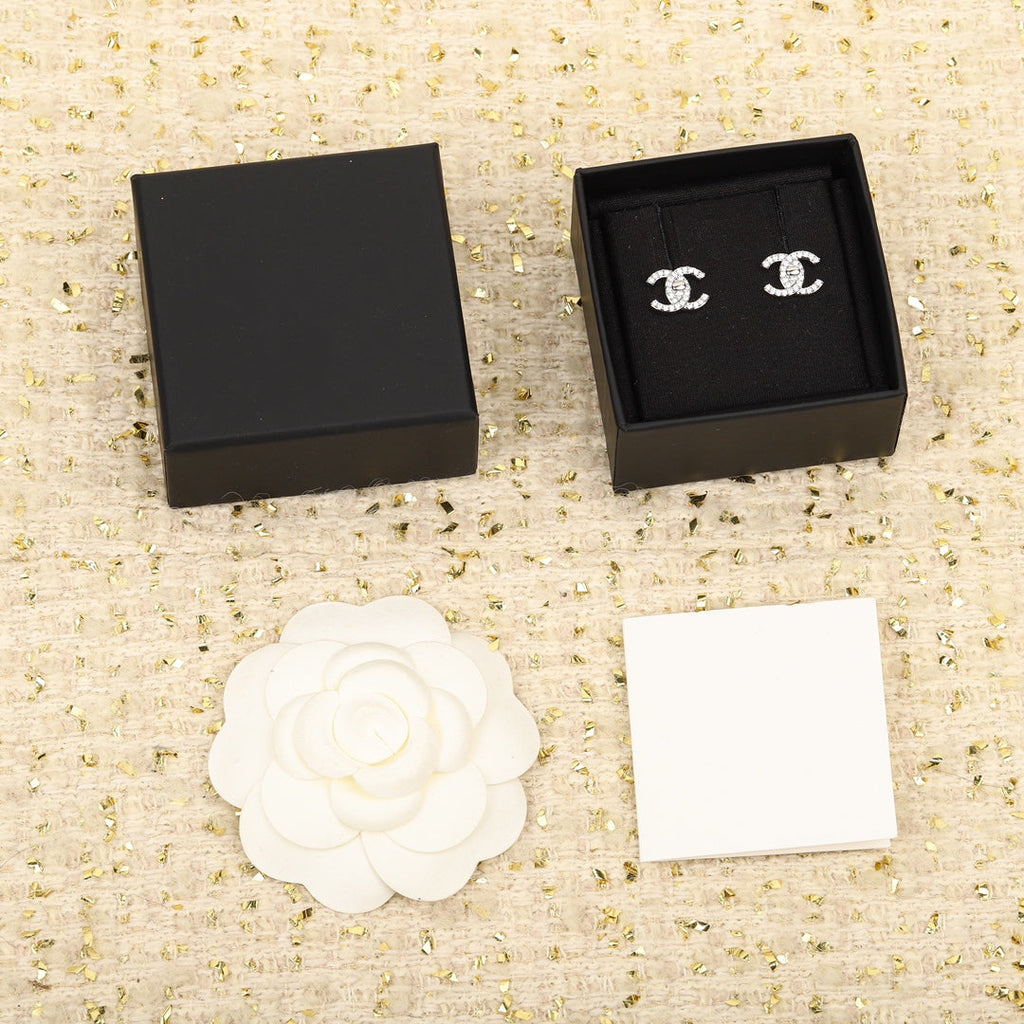 Chanel Double C Small Silver Diamond Earrings