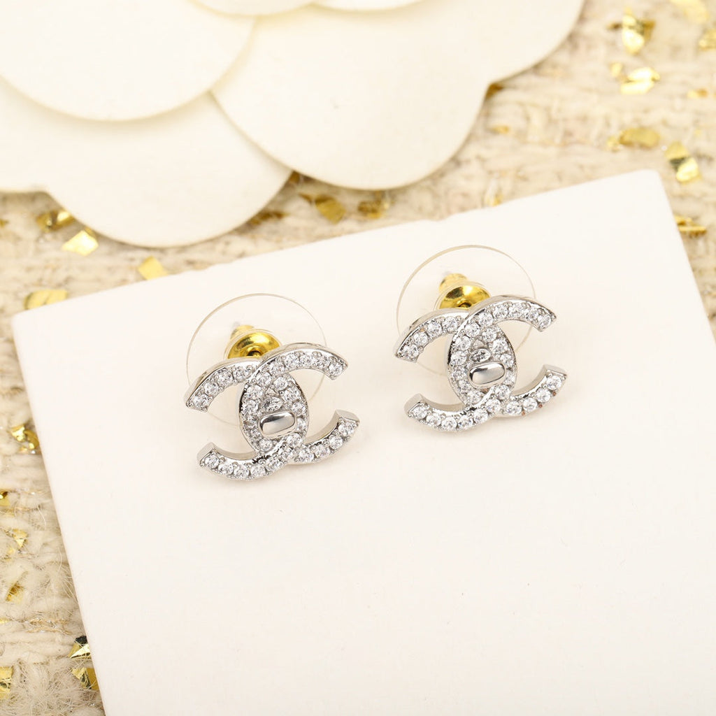 Chanel Double C Small Silver Diamond Earrings