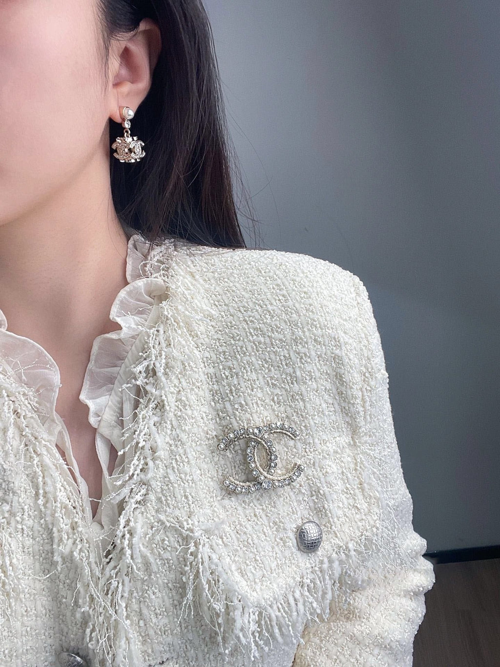 Chanel 23 Full Diamond Sieve Double C Gold Earrings