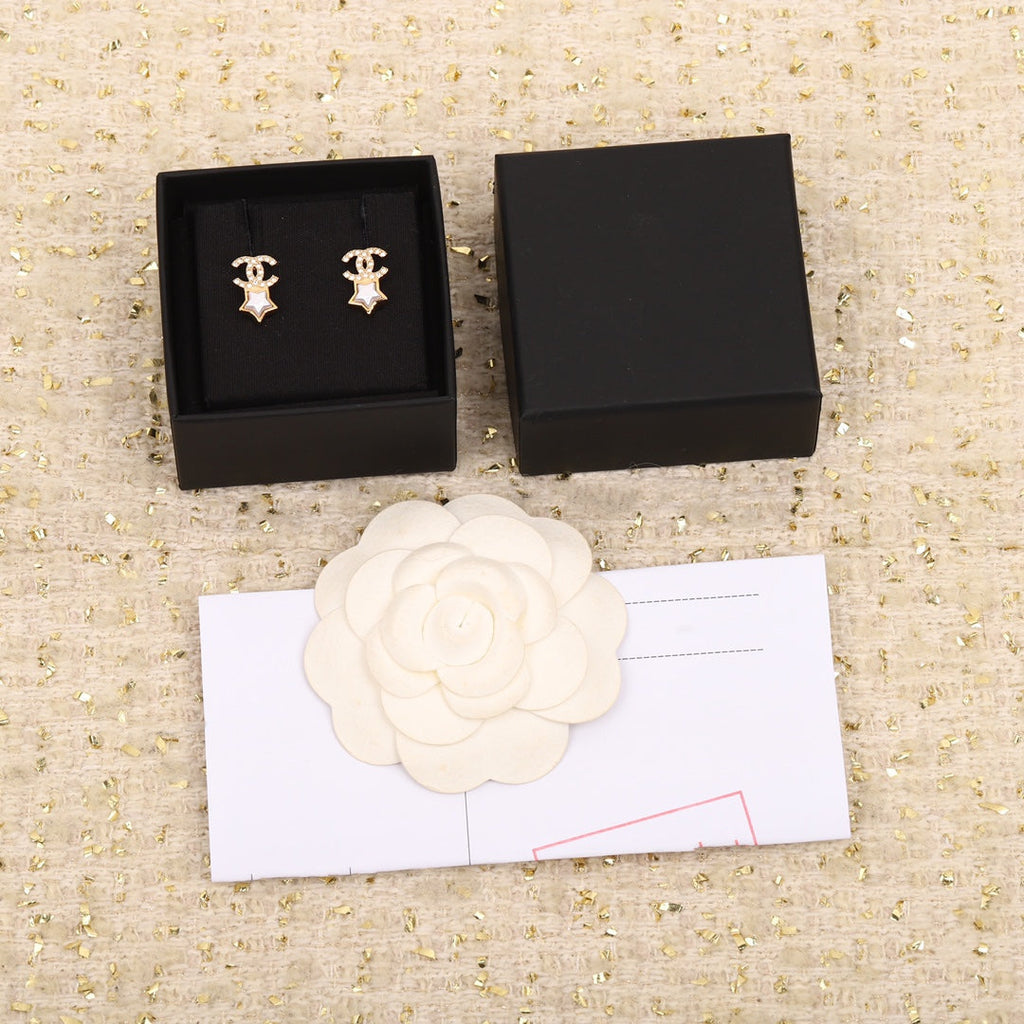 Chanel Double C Star Mop Diamonds Gold Earrings