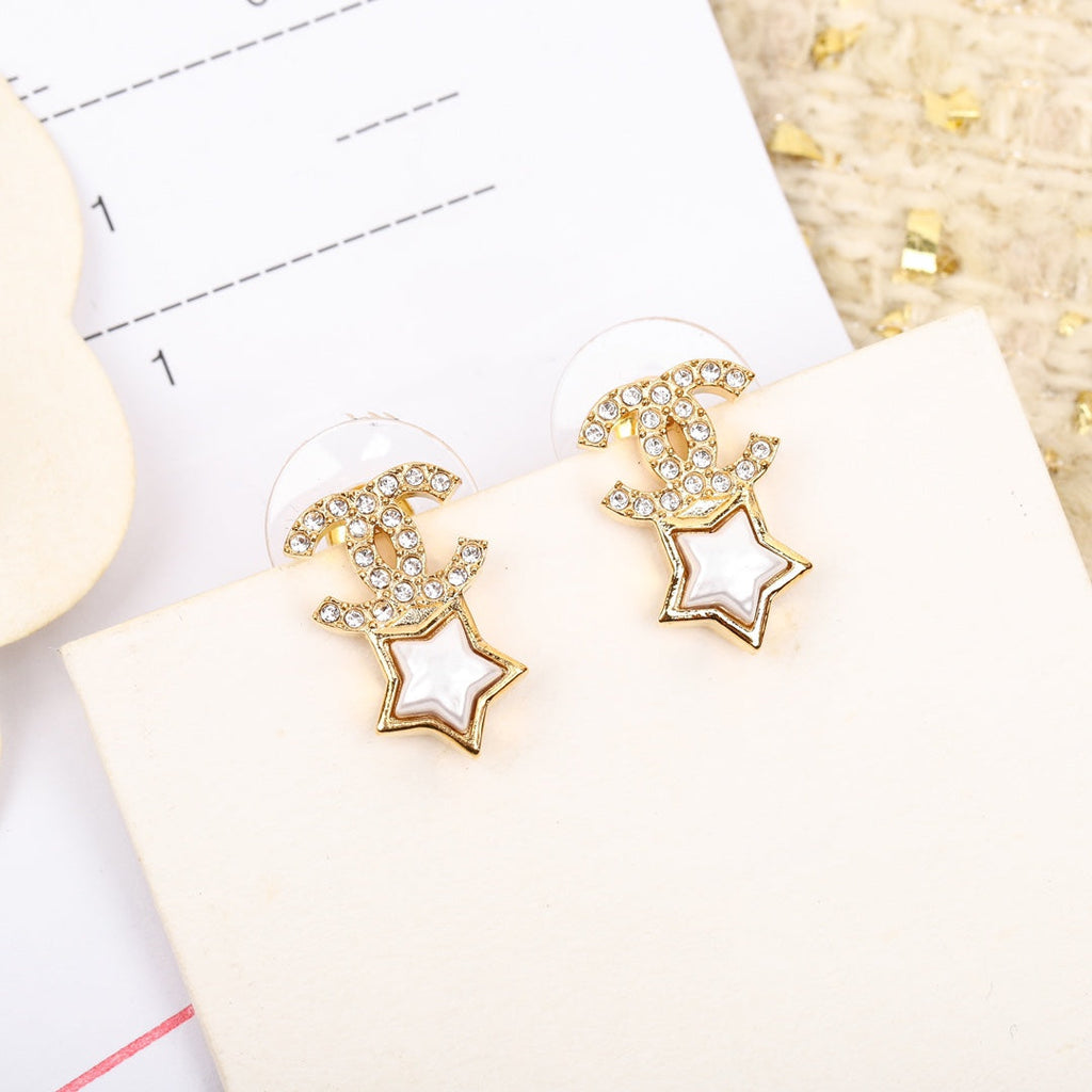 Chanel Double C Star Mop Diamonds Gold Earrings