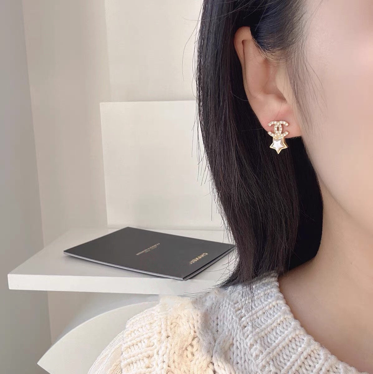 Chanel Double C Star Mop Diamonds Gold Earrings