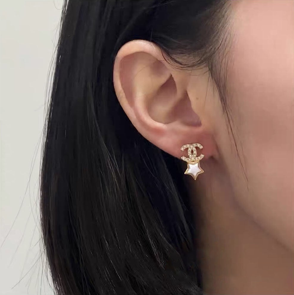 Chanel Double C Star Mop Diamonds Gold Earrings